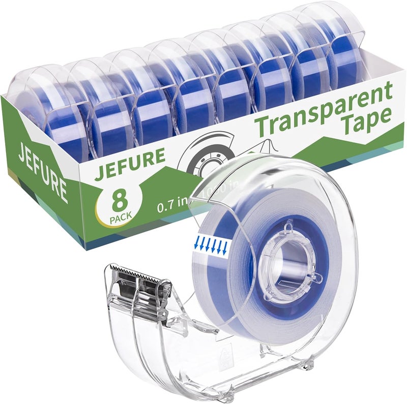 JEFURE 8 Pcs Transparent Tape with Dispenser, 0.7 x 1000 in Blue Core Clear Tape Rolls Bulk, Office Tape Refills for Desk, Craft, and Gift Wrapping - Image 1